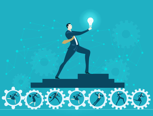 成功的商人手持Idea灯泡，并通过努力工作的团队保持运转。业务概念说明图片下载