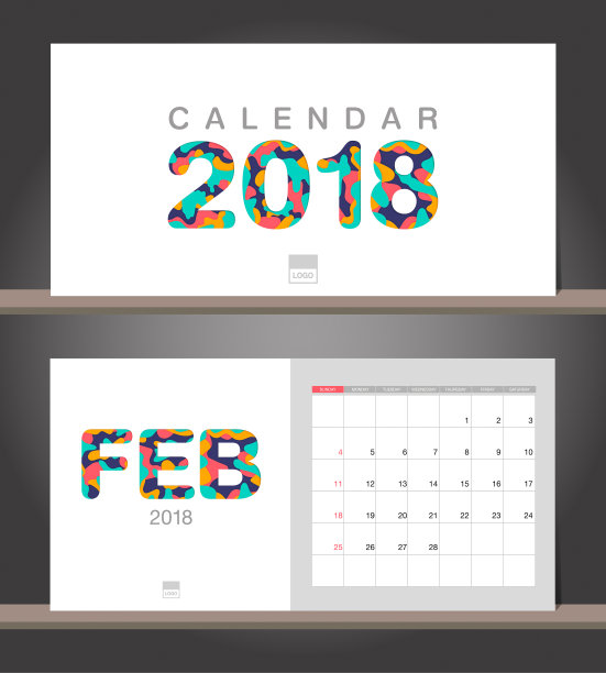 2018年2月日历。书桌日历现代设计模板与剪纸风格。一周从周日开始。矢量插图。图片下载