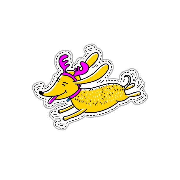 圣诞卡通人物狗贴纸。涂鸦图标，补丁元素，符号新年2018，矢量涂鸦图标图片下载