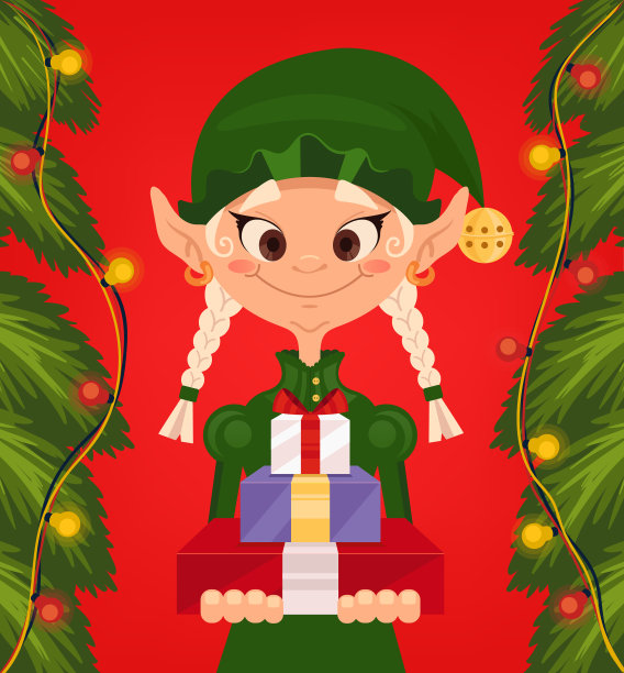 圣诞和新年快乐快乐的小精灵女孩性格的微笑着礼品盒图片下载