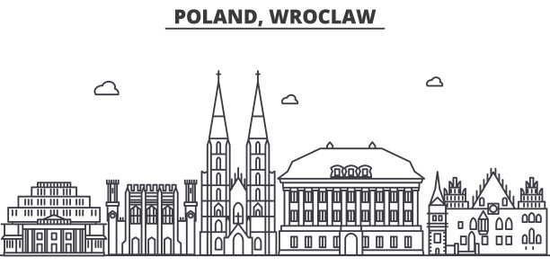 波兰，弗罗茨瓦夫建筑线天际线插图。线性向量的城市景观与著名的地标，城市景观，设计图标。风景与可编辑的笔触图片下载