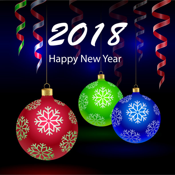 新年快乐。一张用玻璃圣诞球和蛇形装饰的祝贺海报。图片下载