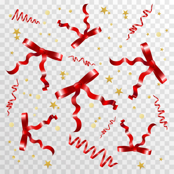 蛇形和红色的蝴蝶结和金色的星星在透明的背景上。为假期准备的向量。图片下载