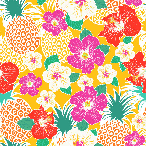 奇异的背景，可爱的菠萝，棕榈叶和芙蓉花。夏季热带全印。图片下载