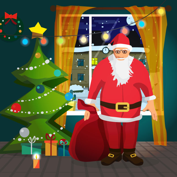 圣诞老人提着一袋圣诞礼物，把一份礼物放在圣诞树下图片下载