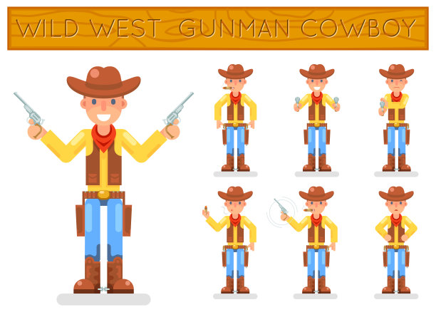 美国狂野西部复古枪手牛仔平面设计人物设置孤立图标矢量插图图片下载