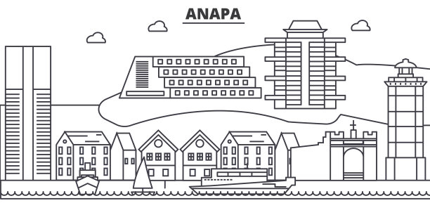 俄罗斯，阿纳帕建筑线天际线插图。线性向量的城市景观与著名的地标，城市景观，设计图标。风景与可编辑的笔触图片下载