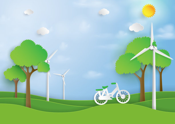 以自然为背景的绿色能源自行车和风力发电纸制艺术风格图片下载