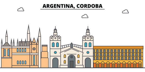 阿根廷，科尔多瓦勾勒城市天际线，线性插图，横幅，旅游地标，建筑剪影，矢量图片下载