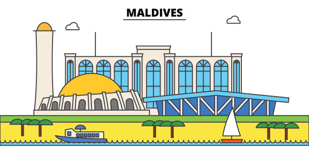 马尔代夫勾勒城市天际线、线性插图、横幅、旅游地标、建筑剪影、矢量图片下载