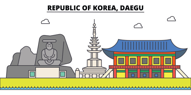 韩国大邱勾勒城市天际线、线性插画、横幅、旅游地标、建筑剪影、矢量图片下载