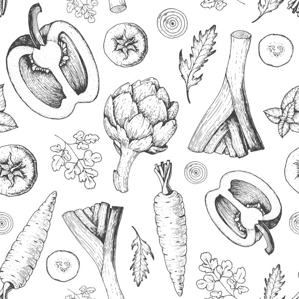 蔬菜无缝模式。农贸市场菜单设计模板。有机蔬菜食品包装模式。复古手绘草图矢量插图。行艺术图形。雕刻风格。图片下载