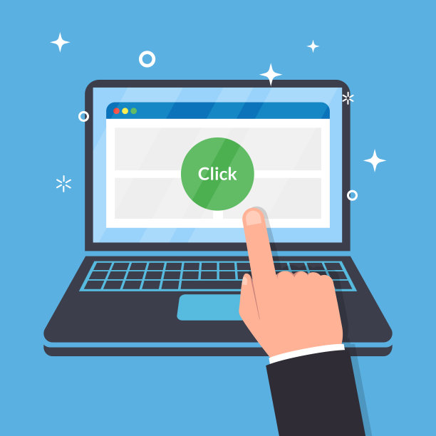 用户点击笔记本电脑屏幕。点击网站界面的概念。矢量平面插图孤立在蓝色背景。素材图片