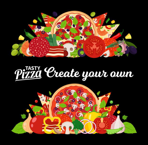 矢量披萨插图与许多成分图片下载