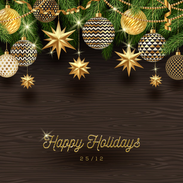 木制背景上的圣诞金色装饰。矢量插图。图片下载