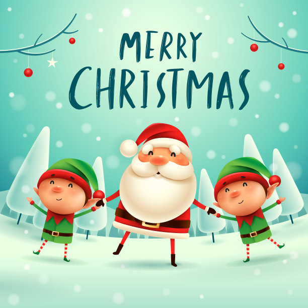 圣诞快乐!圣诞老人和精灵手牵着手在圣诞雪景。冬天的风景。图片下载