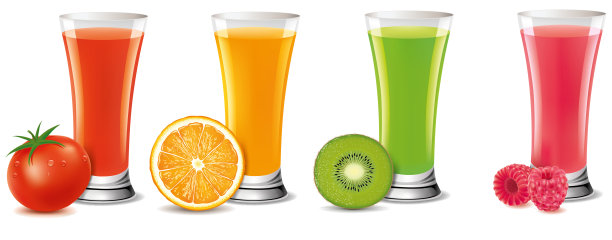 鲜榨水果汁，蕃茄、橙、猕猴桃、覆盆子图片下载