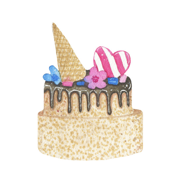 水彩手绘生日蛋糕与巧克力孤立在白色背景素材图片