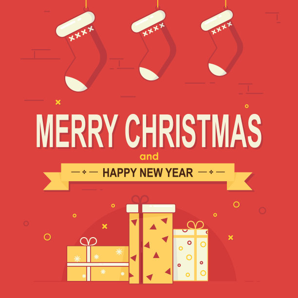 圣诞快乐，新年贺卡，圣诞袜和礼物盒。图片下载