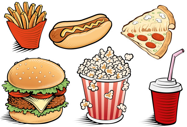 一套快餐。可乐，汉堡，披萨，热狗，爆米花图片下载