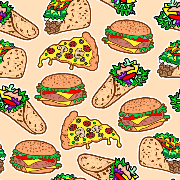 矢量无缝模式与快餐:芝士汉堡，汉堡，卷，披萨片，墨西哥玉米卷。图片下载