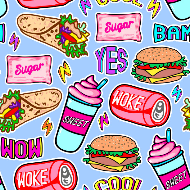 快餐无缝模式。重复的背景糖包，罐装饮料(碳酸饮料)，鸡肉卷，汉堡等。图片下载