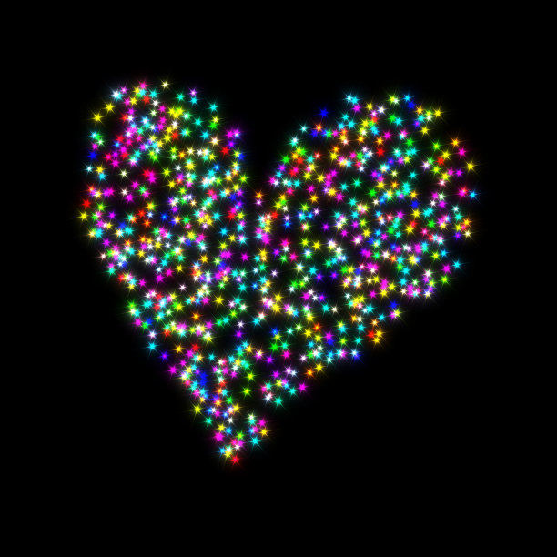 心形的多色星星孤立在黑色的背景。图片下载