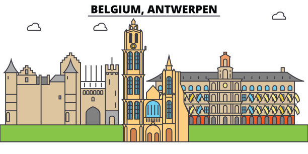 比利时,Antwerpen。城市天际线，建筑，建筑，街道，剪影，景观，全景，地标。可编辑的中风。平面设计线矢量插图概念。孤立的图标集图片下载
