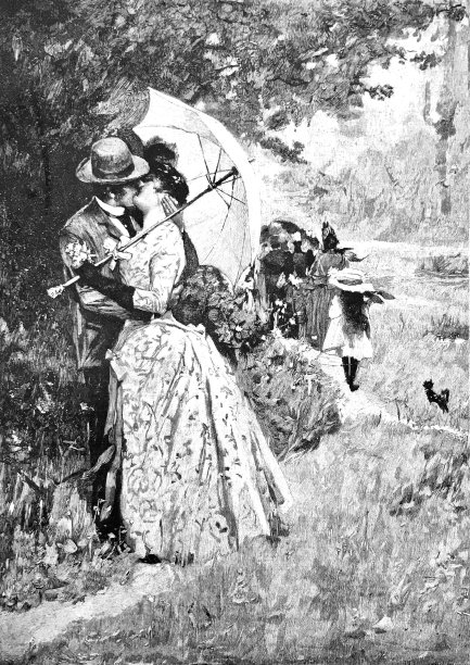 维多利亚风格的情侣在花园的伞下接吻图片下载