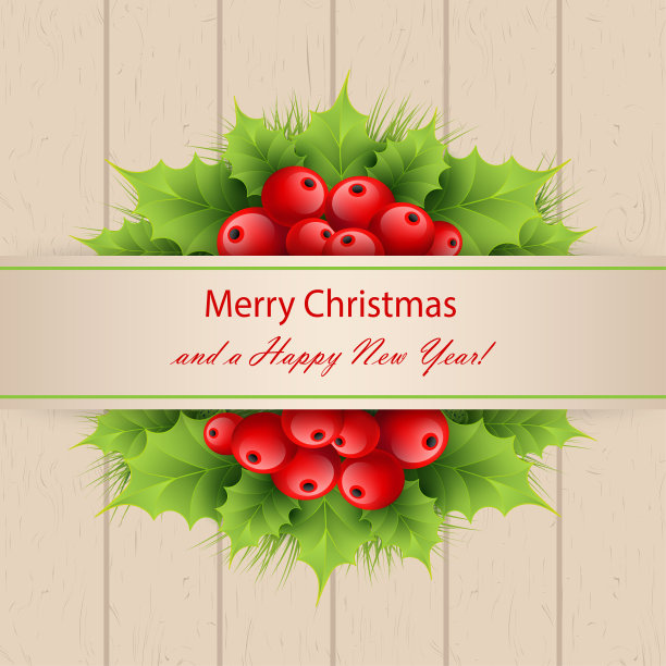 圣诞装饰用红冬青浆果和树叶，冷杉树枝孤立在木制背景横幅上写着圣诞快乐和新年快乐的文字图片下载