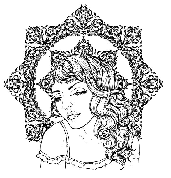 漂亮优雅的波西米亚女孩的脸在精致的曼荼罗背景。漂亮的卷发和撅着的嘴唇。手绘惊人的花波西米亚涂色书页成人图片下载