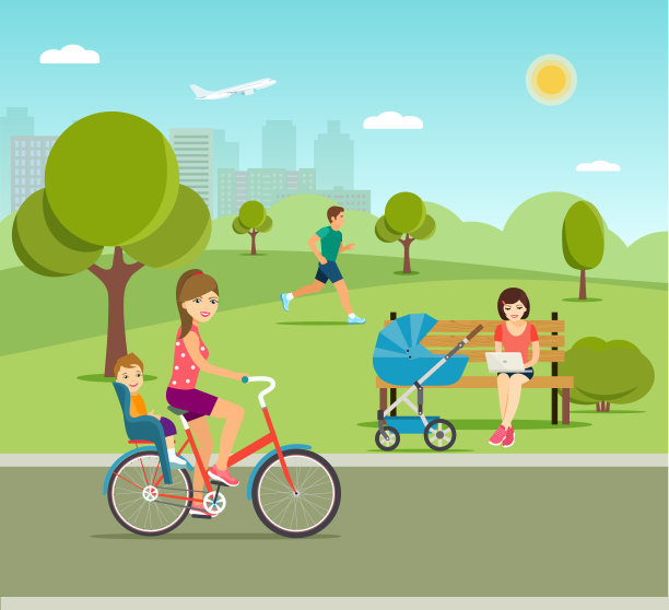 年轻的母亲放松和婴儿车，男人跑步，女人和孩子在公园骑自行车。矢量平面插图图片下载