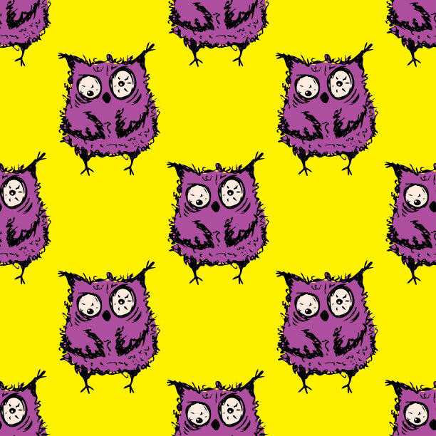 无缝涂鸦疯狂的猫头鹰图案上的黄色背景图片下载
