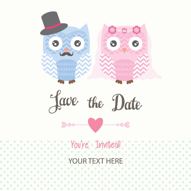 保存日期邀请卡。婚礼的邀请。喜欢猫头鹰。图片下载
