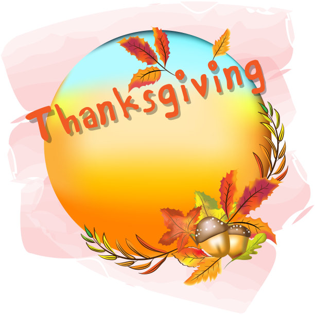 感恩节概念标签或背景与感恩节词，橡子，枫叶和冬季森林叶与蓝色和橙色梯度背景，矢量和插图图片下载