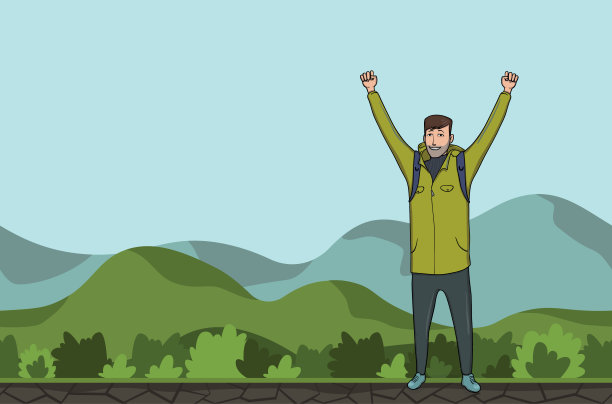 一个年轻人，背包客举起手在山区。徒步旅行者,探险家。成功的象征。矢量插图与复制空间。图片下载