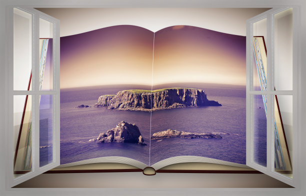 一个打开的照片册的3D渲染与一个小岩石岛在北爱尔兰海的中间从一个窗口色调的图像-我是在这个3D渲染中使用的图像的版权所有者。图片下载