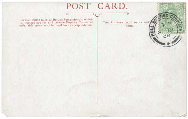 1908年从英国赫尔寄来的带有邮戳和空白内容的老式明信片，对于英国历史悠久的明信片通信来说是一个非常好的背景。图片下载