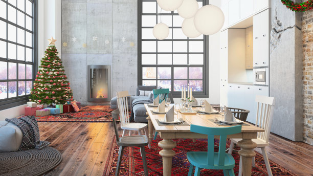 圣诞室内有壁炉，圣诞树上有礼物和灰色的沙发图片下载