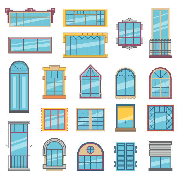 阳台和木制或塑料玻璃窗户。建筑插图设置在平面风格图片下载