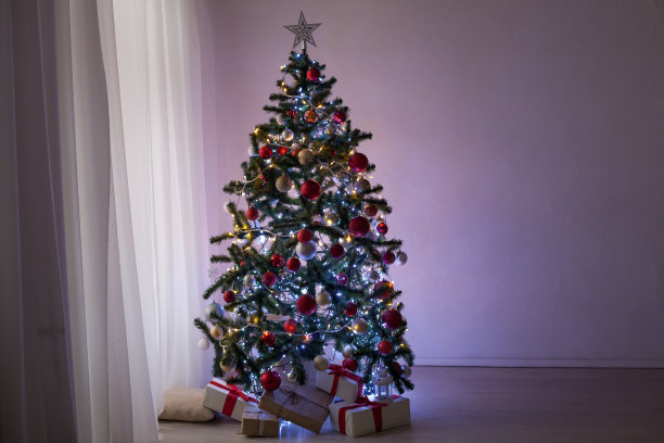 圣诞装饰圣诞树与圣诞花环图片下载