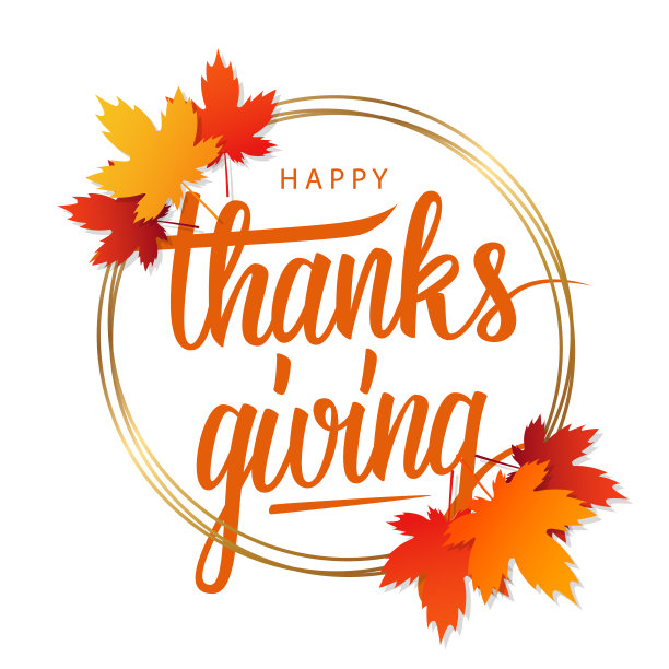 快乐的感恩节贺卡，明亮的秋叶，金色的圆圈和手写字母。图片下载