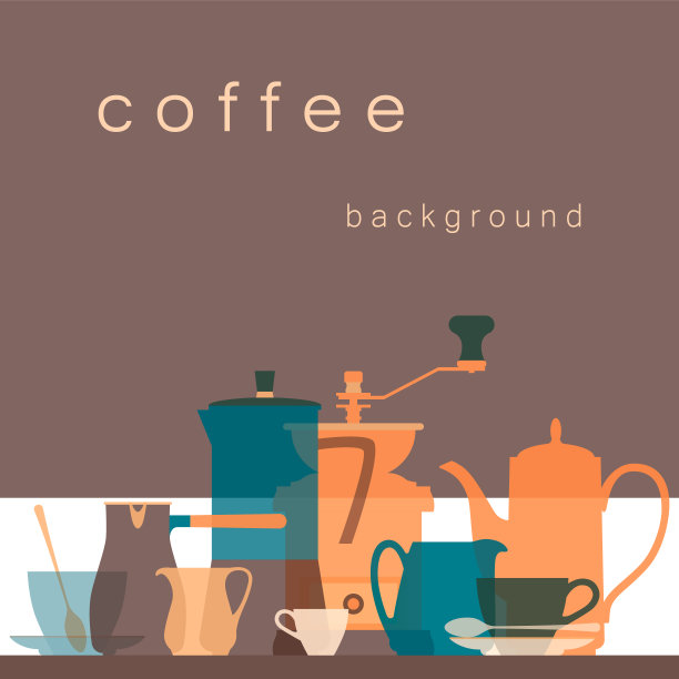 菜,喝杯咖啡。平色透明剪影。咖啡壶，咖啡壶，咖啡研磨机，咖啡壶，咖啡壶，咖啡杯，咖啡勺，咖啡碟。设计背景菜单，传单，小册子，网站。矢量插图。图片下载