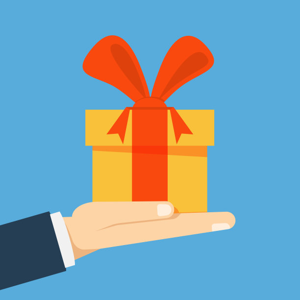 手上戴着蝴蝶结的礼盒。商人、经理或卖家提议在假日或生日时带一份礼物。矢量平面插图。素材图片