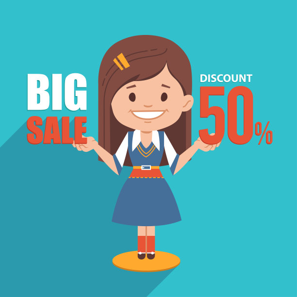大旗帜。折扣50。广告插图与漂亮的女孩在商务套装图片下载