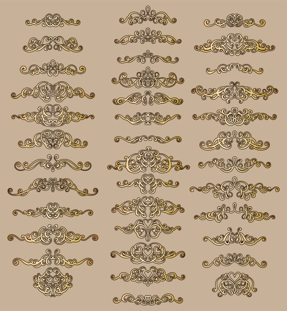 收集复古的书法花饰，卷曲和漩涡装饰贺卡，书籍或分隔。金套用于装饰和设计图片下载