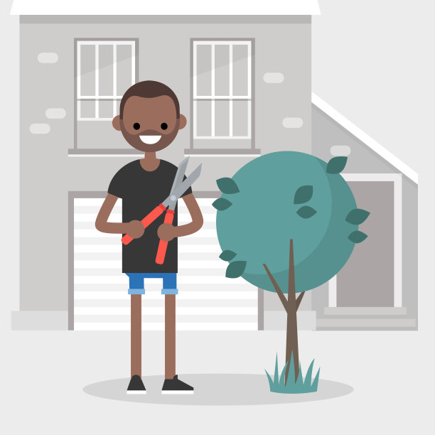 年轻的黑人用修枝机修剪灌木。园艺。季节性工作在花园/平面可编辑矢量插图图片下载