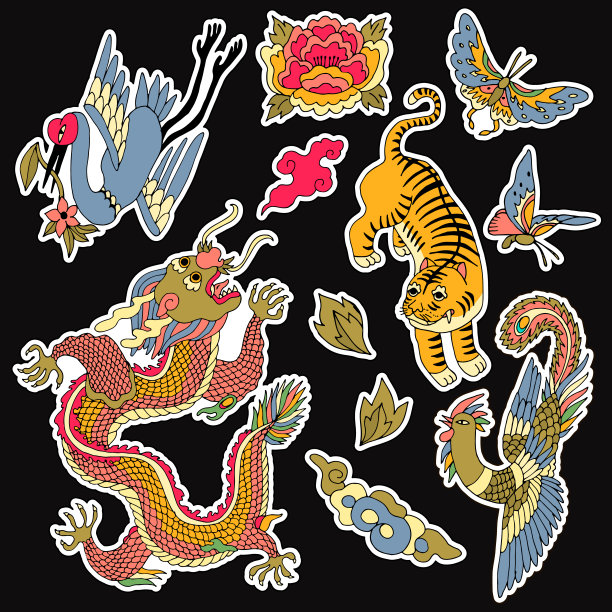 一套中国补丁元素。图片下载