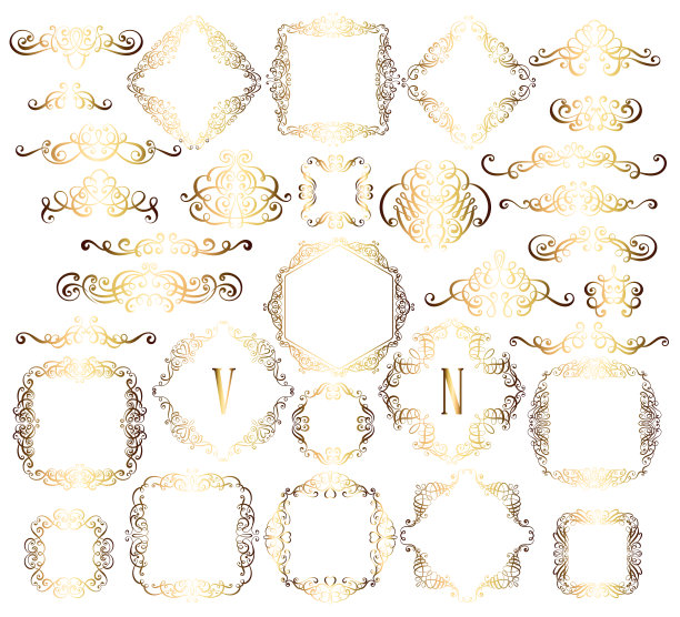 大套黄金复古风格书法框架和繁荣，复杂和精致的装饰邀请或贺卡图片下载