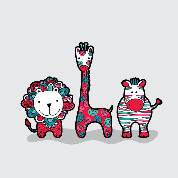 可爱的野生动物朋友涂鸦矢量在一个浅灰色的背景素材图片